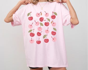 Cute Cherry Pattern Shirt, Kawaii Fruit T-Shirt, Red Cherry Graphic Tee, Sweet Summer Retro Aesthetic Top