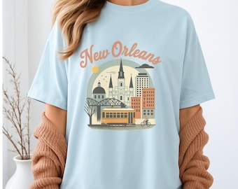 New Orleans T Shirt, Vintage Travel Poster Tee, Retro Streetcar Skyline Shirt, NOLA Graphic Tee, Louisiana Souvenir Gift
