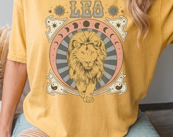 獅子座の星座シャツ、ヴィンテージ占星術ライオングラフィックTシャツ、ボヘミアンホロスコープ星座Tシャツ、天体獅子座シーズンの誕生日プレゼント