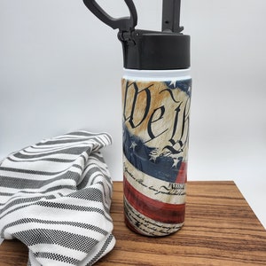 Patriotic water bottle, Flag with We The People, Constitution, 18 oz. Water Bottle, Gift for dad, Patriotic gift