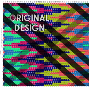 May include: A colorful graphic design featuring a grid of small circles in shades of pink, blue, green, and yellow. The words "ORIGINAL DESIGN" are prominently displayed across the center in white. Diagonal black stripes overlay the design.