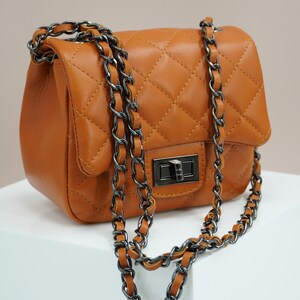 Quilted Leather small bag, Made in Italy leather sling bag, Small Shoulder bag, Long handles Handle Bag, Mini Quilted Chain Flap Square Bag