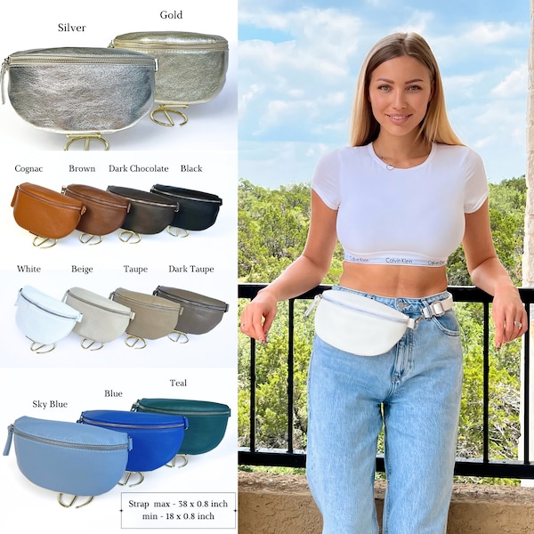 Italian Leather Fanny Pack in gift box | Small Crossbody Bag | Leather Belt Bag, Leather Bum Bag | Patterned Strap Belly Bag, Leather Cross