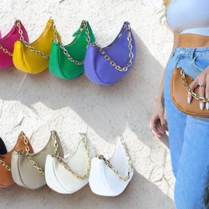 Italian Leather Half Moon Bag, Chain Shoulder Bag