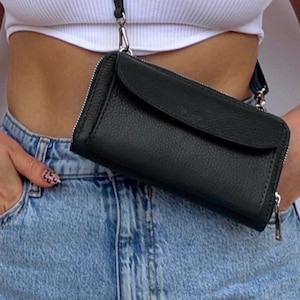 Cartera de cuero con soporte para teléfono / Cartera cruzada de cuero con correa / Cartera cruzada tipo sobre / Cartera de mano, bolso de cuero genuino italiano