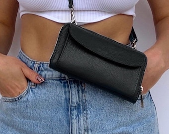 Italian Leather Crossbody Wallet with Adjustable Strap | Phone Holder