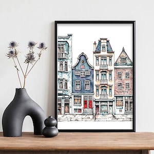 Row Houses of Amsterdam #1, Original Art Print by Ajkim Art, Ink&watercolour, Urban sketch, Wall decor, Travel poster, Housewarming gift