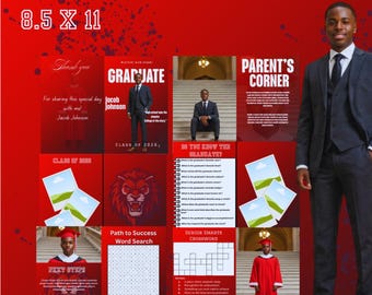 May include: A graduation booklet with a red background and white text. The booklet includes the text "GRAD BOOKLET 8.5 X 11". The booklet features photos of a graduate and text such as "GRADUATE" and "PARENT'S CORNER". The words "EDIT IN CANVA" are also visible.