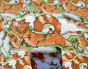 STRAWBERRY DREAMS | Aesthetic Cat Sticker | Vinyl Matte Decal | Cute Strawberry Cottagecore Art