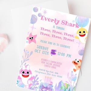 Invitación de cumpleaños de niña con tiburón bebé, invitación de tiburón bebé, tercer cumpleaños de niña, invitación rosa de tiburón bebé, invitación rosa de tercer cumpleaños de niña