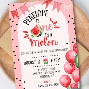 ONE in a Melon Invitation, ONE in a Melon Evite, Watermelon First Birthday Invite, Melon First Birthday invite, Watermelon Theme Evite