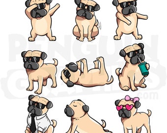 Pug Dog Clipart Digital Downloads, 9 Funny Pugs Illustrations Bundle (JPEG, PNG, Al Files)