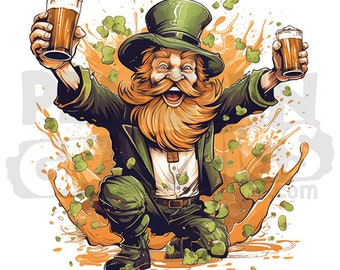 St. Patrick's Day Leprechaun w/ Beer T-Shirt Design Digital Downloads, Cool Saint Patrick's Day Printable, St. Patrick's Day Clipart