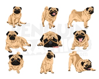 Pug Dogs Clipart Digital Downloads, 9 Dog Illustrations Bundle (JPEG, PNG, Al Files)