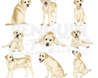 Labrador Retriever Dogs Clipart Digital Downloads, 9 Dog Illustrations Bundle (JPEG, PNG, Al Files)