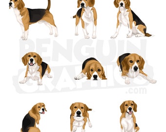 Cool Beagle Dogs Clipart Digital Downloads, 9 Dog Illustrations Bundle (JPEG, PNG, Al Files)