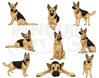 German Shepherd Dogs Clipart Digital Downloads, 9 Dog Illustrations Bundle (JPEG, PNG, Al Files)