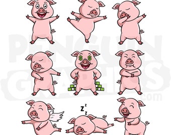 Pig Clipart Digital Downloads, 9 Funny Pigs Hogs Illustrations Bundle (JPEG, PNG, Al Files)