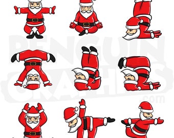 Santa Yoga Sport Clipart Digital Downloads, 9 Funny Santa Clause Christmas Illustrations Bundle (JPEG, PNG, Al Files)