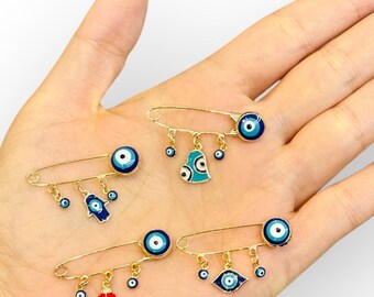 Broche œil Maléfique (Evil Eye) - Lot De 5 - En Alliage Et Perles De Verre - Pour Vêtements, Sacs, Chapeaux