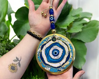 Turkish Evil Eye Wall Hanging: Home Protection Amulet, Gold Accents