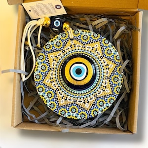Decorazione da parete in ceramica fatta a mano contro il malocchio, decorazione da parete in ceramica con mosaico placcato in oro contro il malocchio, ornamenti di protezione, regali Nazar con corda in pelle