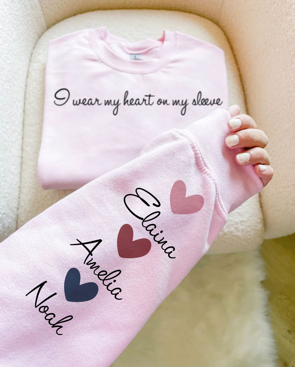 Discover I Wear My Heart On My Sleeve Crewneck or Hoodie, Custom Mama Sweatshirt with Children Name on Sleeve