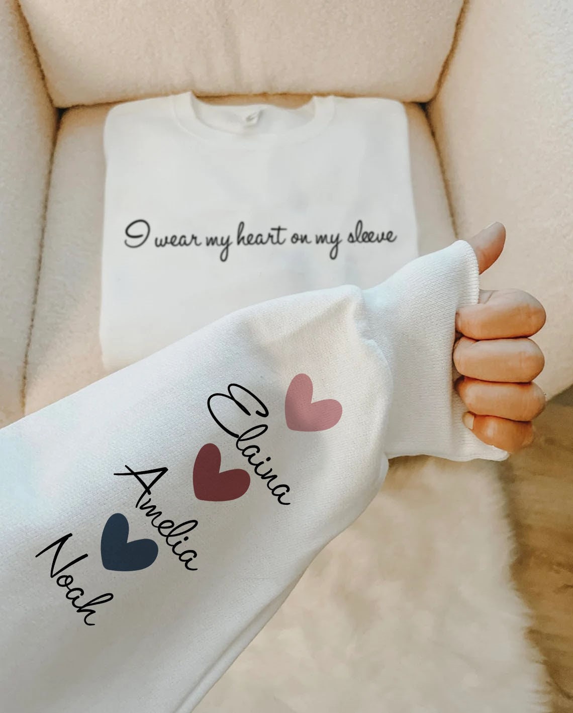 Discover I Wear My Heart On My Sleeve Crewneck or Hoodie, Custom Mama Sweatshirt with Children Name on Sleeve