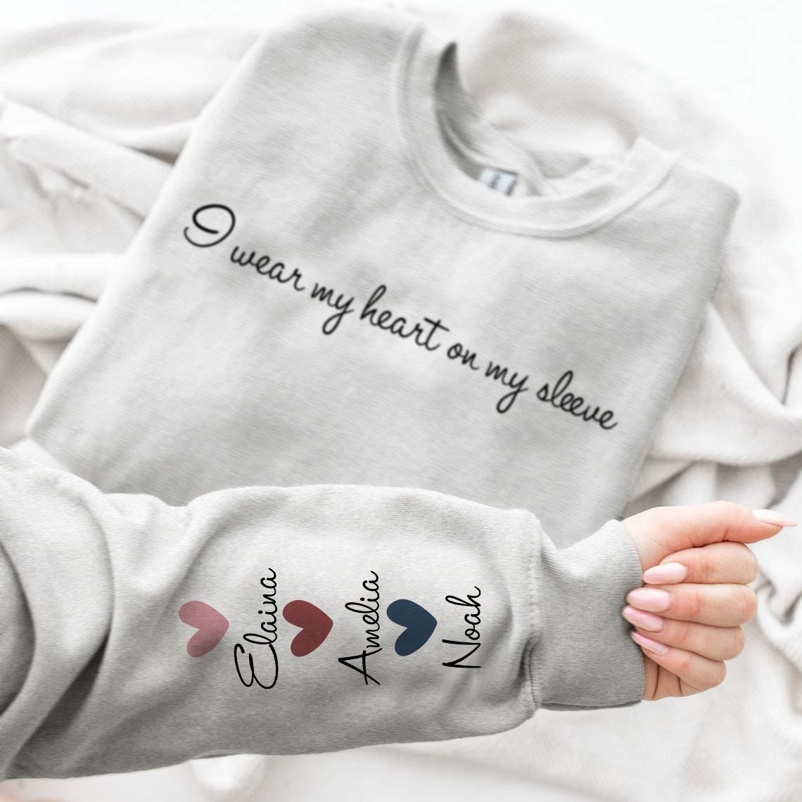 Discover I Wear My Heart On My Sleeve Crewneck or Hoodie, Custom Mama Sweatshirt with Children Name on Sleeve