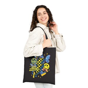 Down Syndrome Awareness with Smiley Checkerboard Lightning Tote Bag | Retro Butterfly Collage and Heart