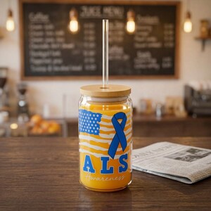 ALS Amyotrophic Lateral Sclerosis Awareness Sipper Glass Blus Ribbon Flag Tumbler Drinkware