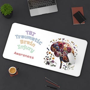 TBI Traumatic Brain Injury Awareness Desk Mat Floral and Butterflies Brain Illustration