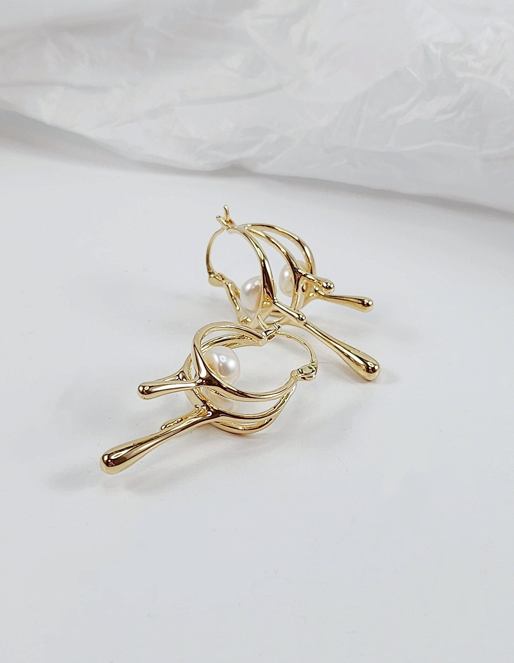 Irregular Drop Earrings, Gold Abstract Pearl Earrings, Teardrop/Waterdrop Jewelry, Contemporary Design