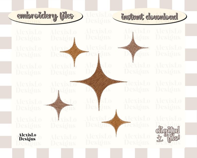 Puede incluir: Cinco dise&ntilde;os de bordado en forma de estrella marr&oacute;n para descargar instant&aacute;neamente. Las estrellas est&aacute;n delineadas en un marr&oacute;n m&aacute;s oscuro y tienen un aspecto texturizado.