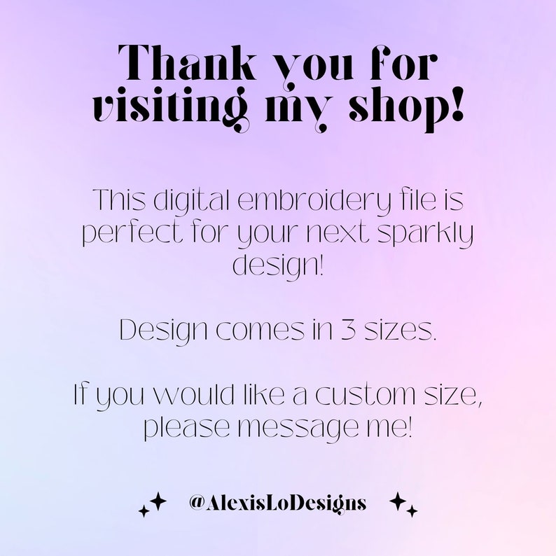 Puede incluir: &iexcl;Gracias por visitar mi tienda! Este archivo de bordado digital es perfecto para tu pr&oacute;ximo dise&ntilde;o brillante. El dise&ntilde;o viene en 3 tama&ntilde;os. Si deseas un tama&ntilde;o personalizado, &iexcl;env&iacute;ame un mensaje! @AlexisLoDesigns