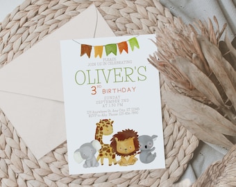 Pastel Safari Birthday Invitation, Safari Wild Animals Birthday Party Invite, Jungle Birthday Boy Invite, 2nd 3rd 4th 5th Bday Party