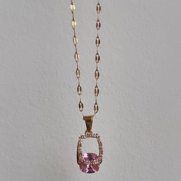 Luxury Stylish Pink Zircon Necklace Gold Plated Stainless Steel Diamond Crystal Pedant Necklace Fashion K-pop style Jewelry gift for her