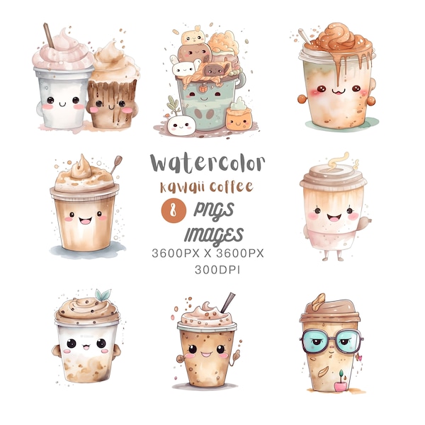 Watercolor Cute Kawaii Coffee Clipart Bundle,Commercial Use,watercolor,cute, kawaii, coffee, clipart, png files, scrapbooking, card making,