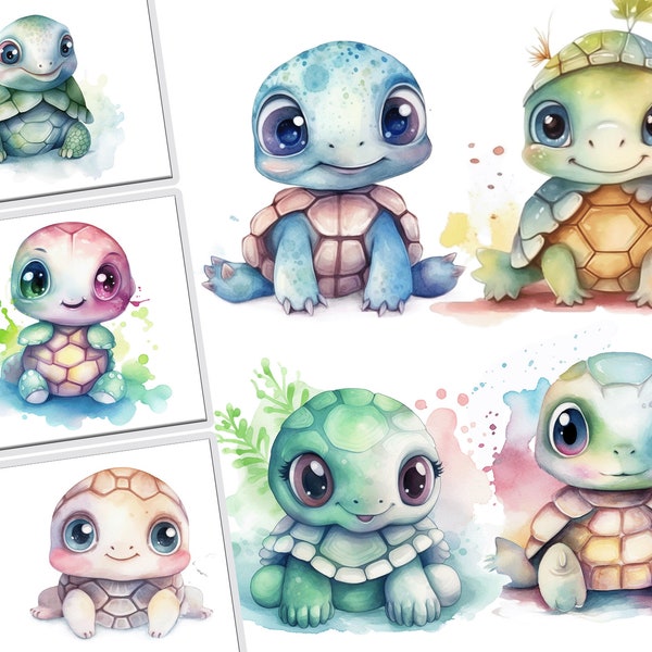 Adorable aquarelle Kawaii Turtle Clipart Set pour un usage commercial, tortue, scrapbooking, planificateur, papeterie, graphiques, illustration