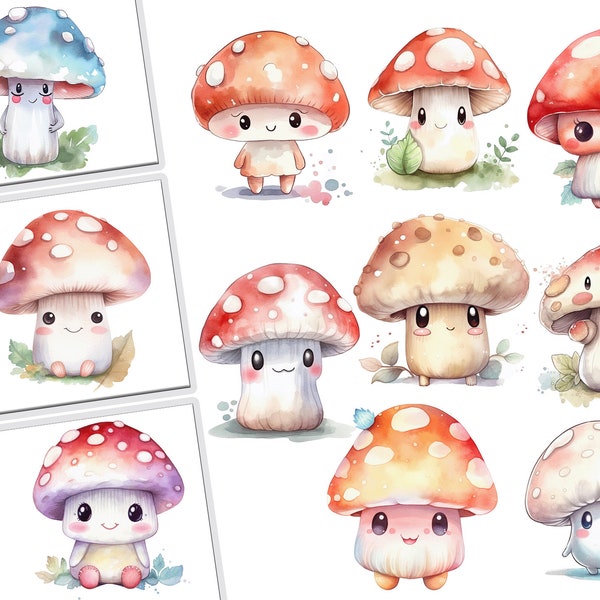 Cute Watercolor Kawaii Mushroom Clipart Bundle for Commercial Use