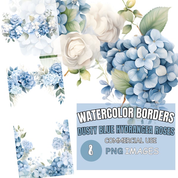 Dusty Blue Hydrangea Roses Watercolor Clipart for Wedding Invitations, Cards, DIY Stationery, Scrapbooks, Floral Borders, Commercial Use