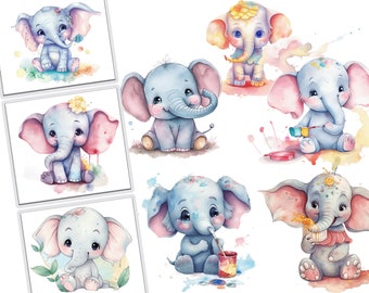 Watercolor Elephant Clipart Bundle - Sublimation PNG Digital Images for Crafts, Invitations, Nursery Decor, DIY Gifts