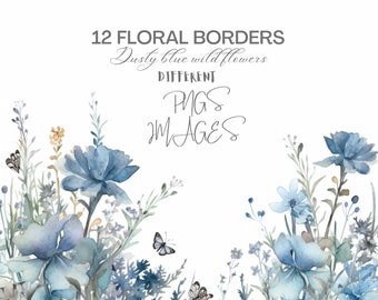 Watercolor Dusty Blue Wildflowers Border Clipart Bundle for Commercial Use - Wedding, Invitations, Digital Download, PNG Files