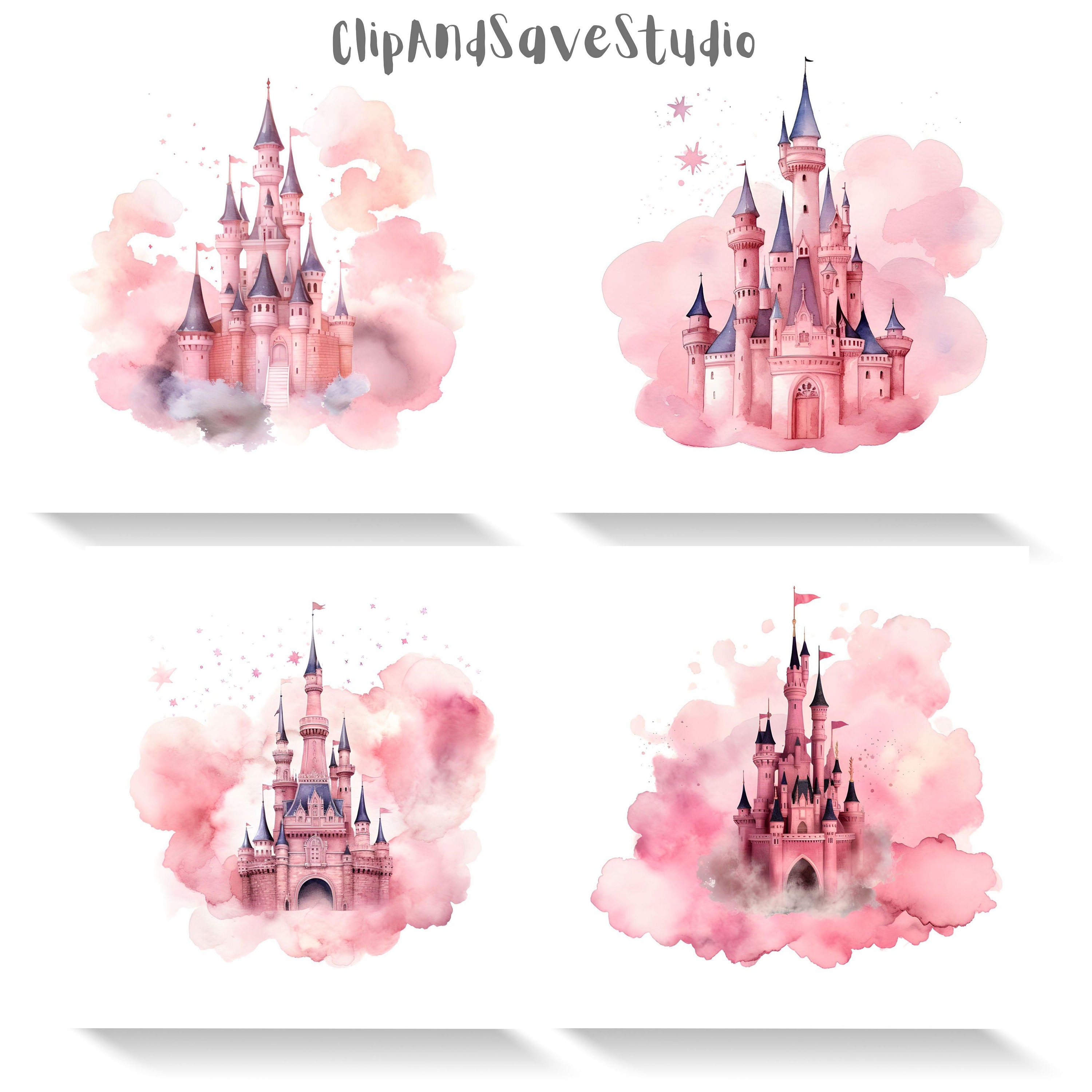 Watercolor Pink Castle on Clouds Clipart Bundlecommercial - Etsy