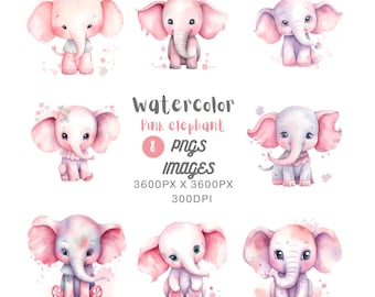 Watercolor Cute Kawaii Pink Elephant Clipart Bundle - Commercial Use PNG Files - Baby Girl Nursery Decor, Scrapbooking, Planner Stickers