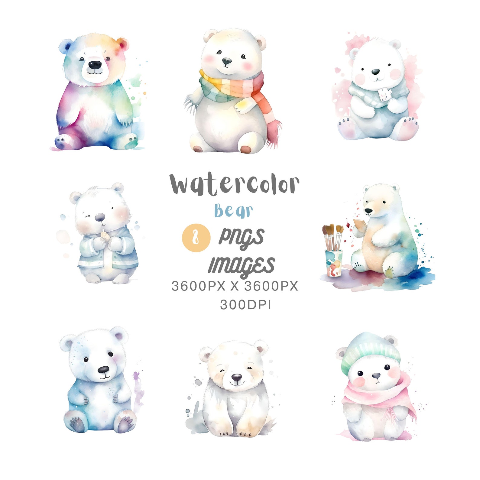 Watercolor Cute Kawaii Polar Bear Clipart Bundle Commercial - Etsy