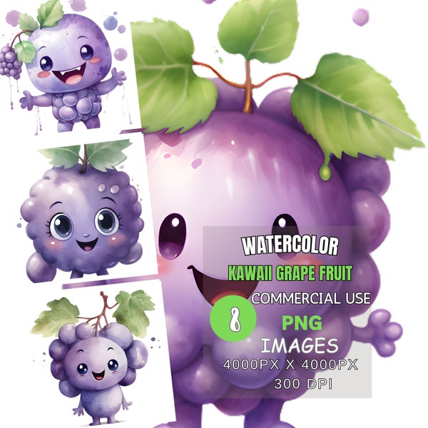 Delightful Watercolor Grape Clipart Bundle - Kawaii Summer & Spring Fruit Digital Download - Commercial Use - Instant Download