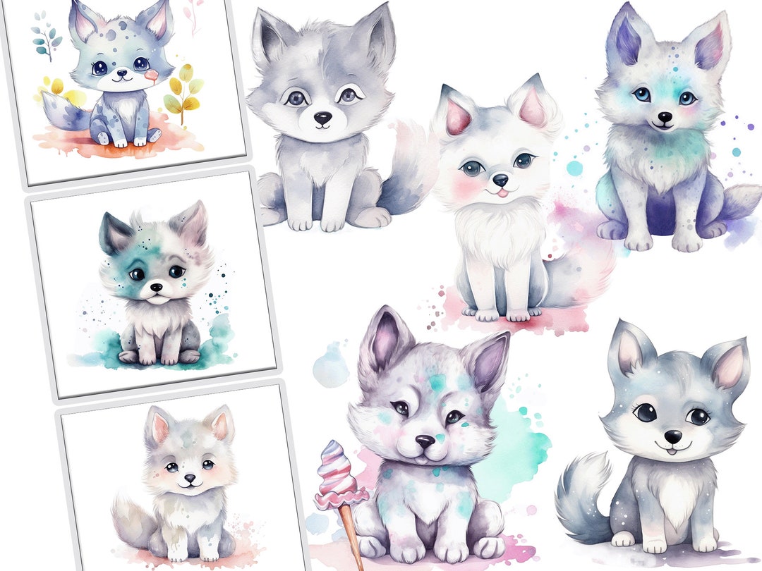 Watercolor Kawaii Wolves Clipart Bundle for Commercial Use, Digital ...