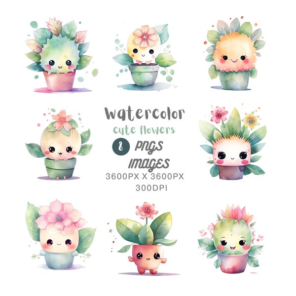 Aquarell süße Kawaii Blumen Clipart Bundle für kommerzielle Nutzung, Aquarell, niedlich, kawaii, Blume, Scrapbooking, Planer