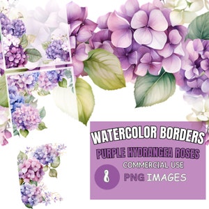 Purple Hydrangea Roses Watercolor Clipart for Wedding Invitations, Card Making, DIY Stationery, Scrapbook, Floral Borders - Commercial Use